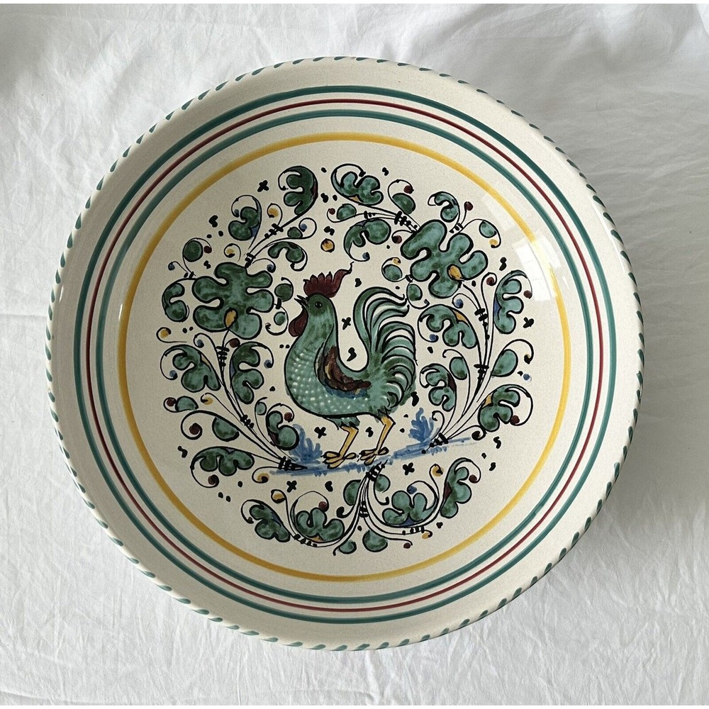 Vintage Deruta Italian Hand Painted Pottery Bowl Rooster Floral 13” Italy